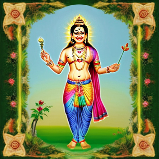 lord Krishna standing in garden with floot and sudharshana Chakra and smiling