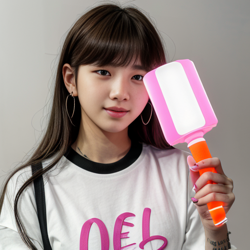 an girl hoding a bts bangtan bomb 
lightstick and has Neni written on her shirt
