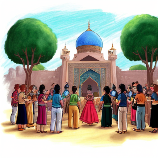 A heartwarming drawing of the people of Agrabah rallying around Princess Jasmine, with a focus on community and encouragement.