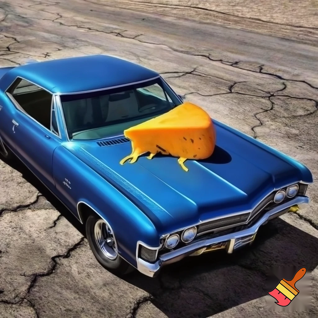 a blue 67 with cheese on a foot
