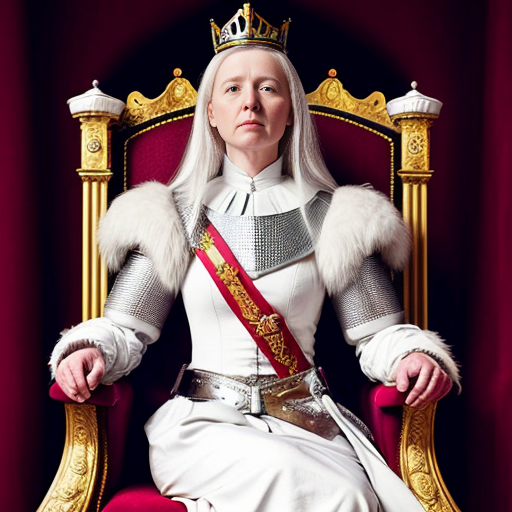 Tall, white-haired Queen of Poland in armor sitting on a throne