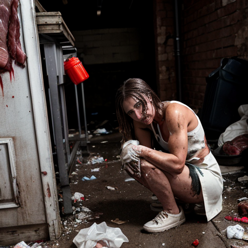 Photorealistic cinematic photograph of a grim, filthy urban back alley scene at dusk. A muscular, sweaty man in his 40s with dark messy hair tied back, wearing a blood-stained red tank top and apron, stands behind a makeshift wooden table. He is aggressively chopping raw meat and body parts with a cleaver on the bloody table, surrounded by plastic bags full of meat and gore.

Under the table in the shadows, two completely naked, dirty, malnourished women are crouched in the trash. The woman on the left has long disheveled brown hair, sits with legs apart, looking exhausted and broken. The woman on the right has shorter hair, crouches hugging her knees, looking scared. Both are covered in dirt, grime, and bruises.

The ground is covered in garbage, broken concrete, puddles, and trash bags. A rusty green dumpster and a brown bin are visible. Crumbling brick walls with peeling paint and a dirty window in the background. Extremely detailed, gritty texture, cinematic lighting with harsh shadows, hyperrealistic, documentary style, raw and disturbing atmosphere, 8k photorealism, sharp focus, natural color grading with desaturated tones and strong reds from the blood and apron.