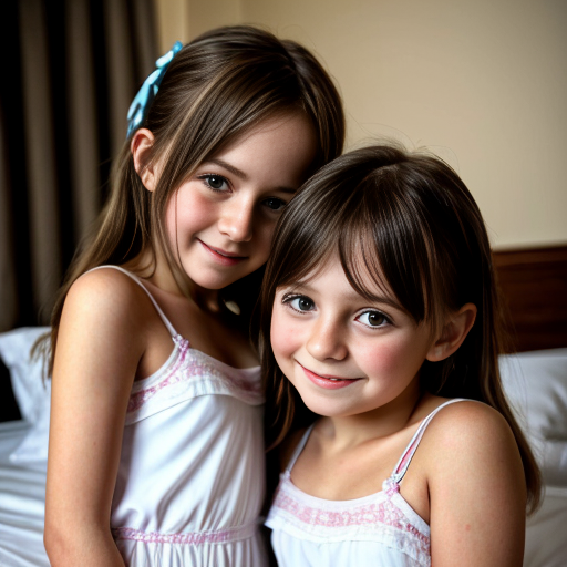 greek little girl sisters at night dress, very beautiful and eager, on the bedroom, close up