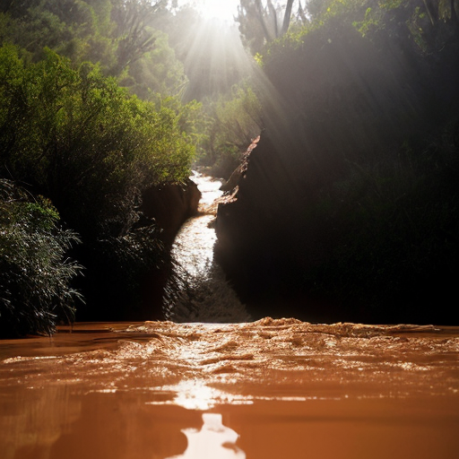 
"A dramatic cinematic shot of a powerful flash flood rushing through a Moroccan valley (Oued) with traditional red clay surroundings. In the foreground, a large, crystal-clear water drop is suspended in the air. Inside the drop, a reflection of a lush green forest is visible. The lighting is moody with golden hour sun rays. The style is hyper-realistic, 8k resolution, with a contrast between the muddy flood water and the pure blue drop."
