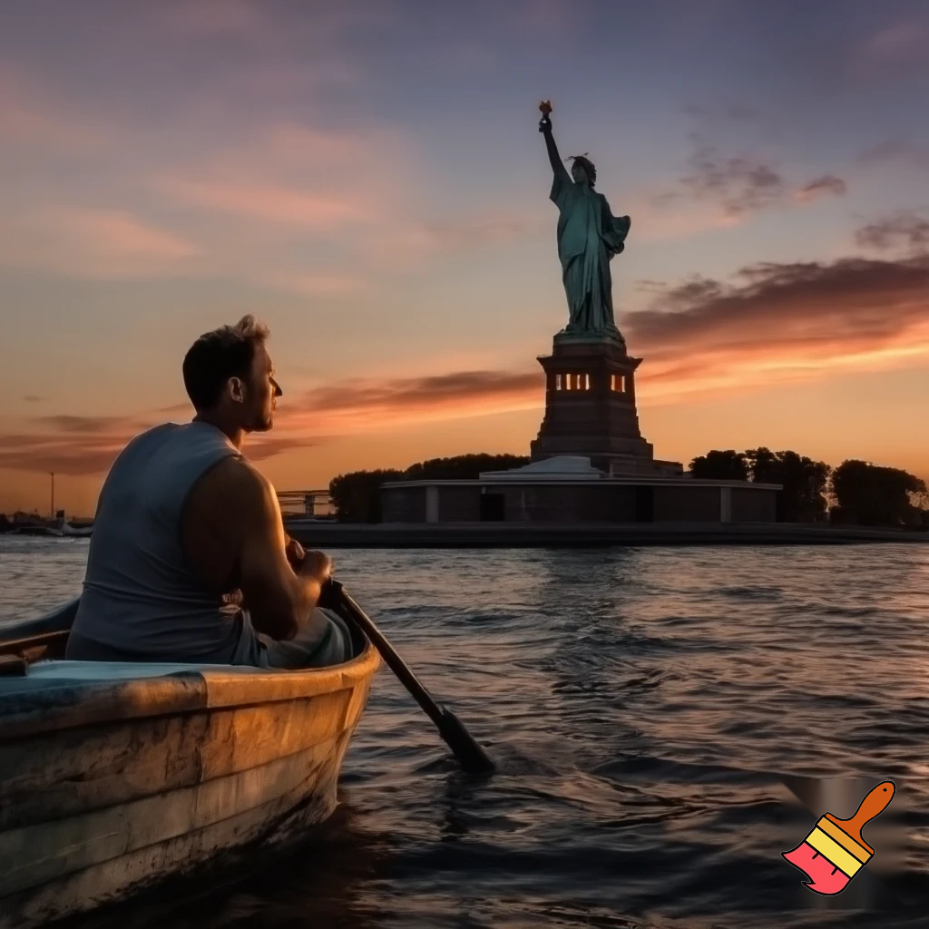 a man in a boat looking at the statue of liberty and smiling
