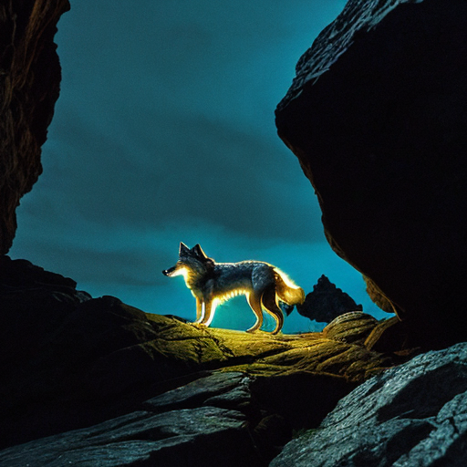 A wolf with glowing blue fur, glowing red eyes and gleaming fangs. The wolf is on the end of a rocky cliff with people coming towards him