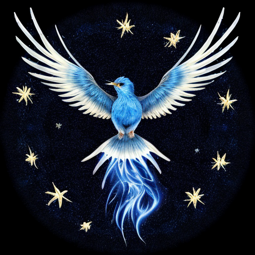 a magical spirit blue bird phoenix glowing and  transparent like smoke with a black starry night sky background