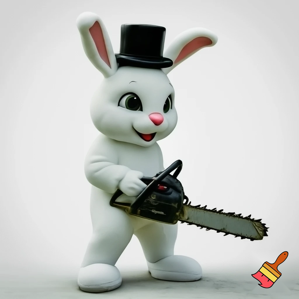 Easter bunny with a chainsaw with a top hat mascot costume