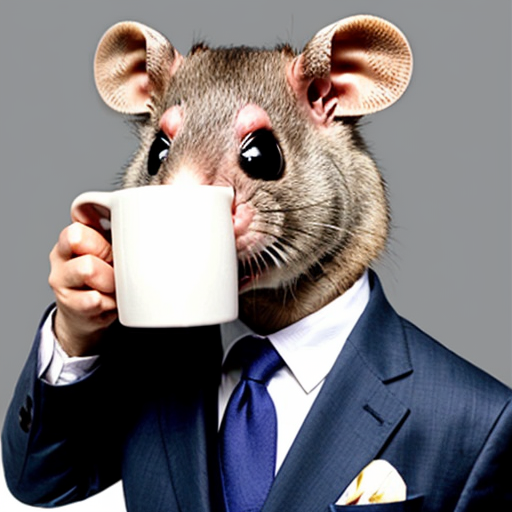 Strong rat, cheese in hand, mug shot evil with suit rat