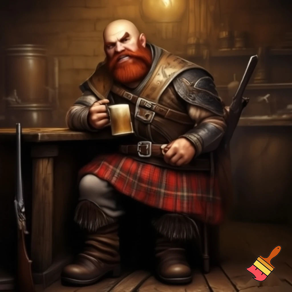 short far dwarf. gunslinger. cigar. sitting at the counter on chair in tavern and sipping a pint. bald. red beard. rough atmosphere. kilt. musket on the table. rugged leather armor. angry. harsh drawn style