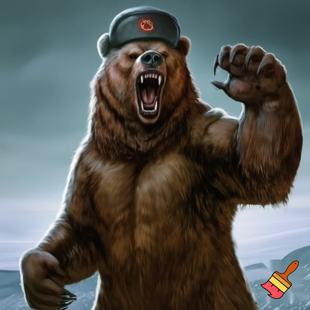 make a bear with a ushanka on withthe soviet sign roaring while sranding on two legs
