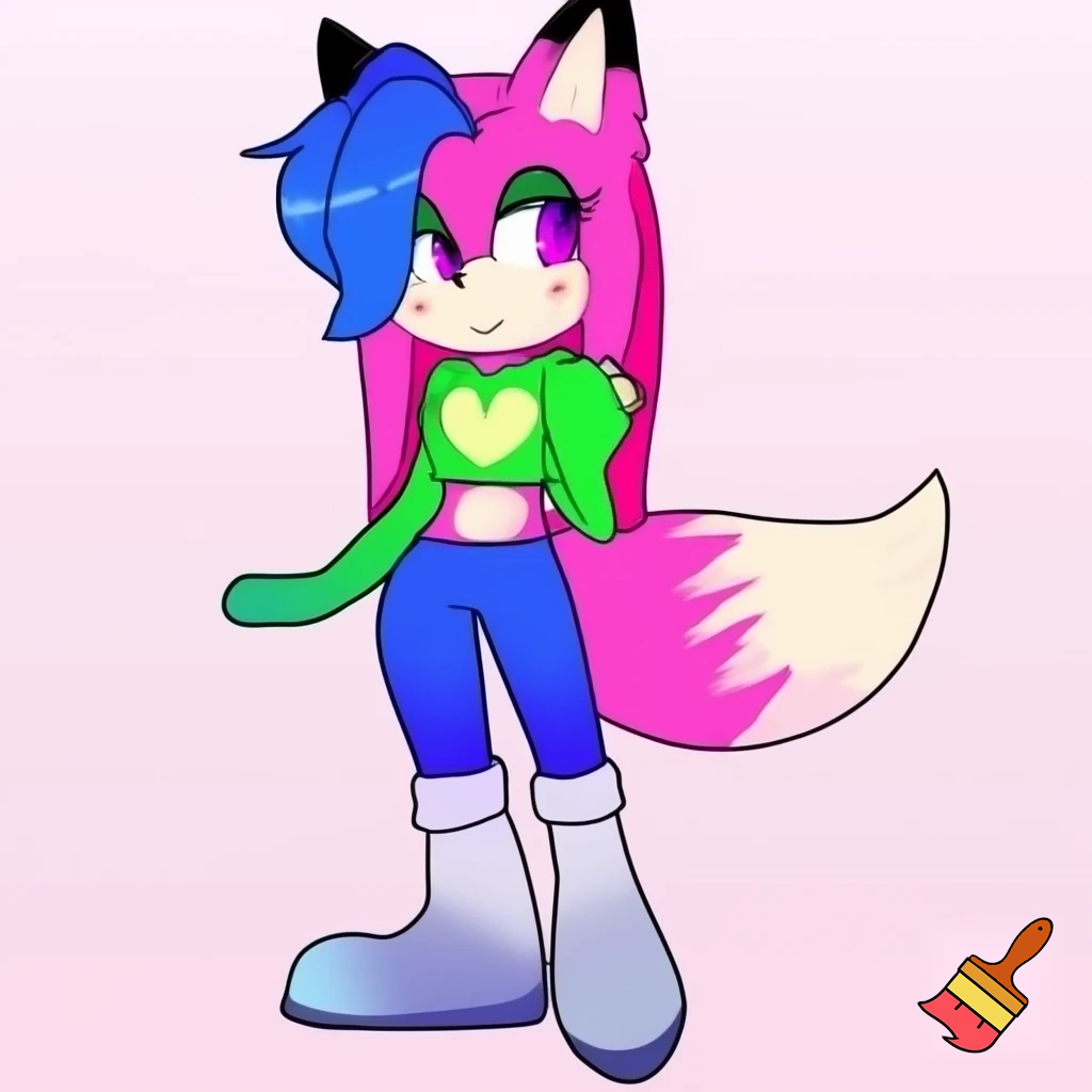 Pink fox sonic oc female with purple eyes, blue at end of swept hair on left side in front and long straight hair in back, black tipped ears, green cropped shirt with long sleeves and light yellow heart in the middle of shirt with an even smaller green heart in the middle of that light yellow heart, blue pants and long white and gray-blue gradient boots. sonic styled fox. no eyeshadow. white fluffy cheeks and stomach.