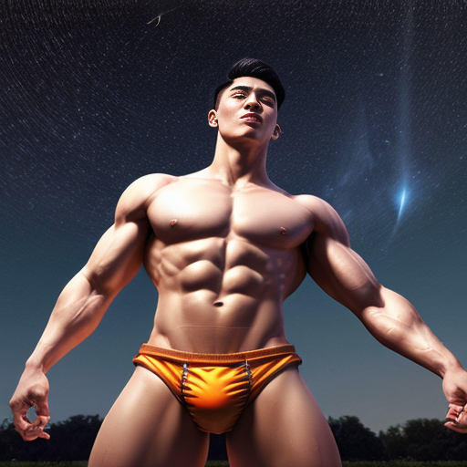photorealistic handsome athletic & lean muscular shirtless young vietnamese warrior with oversized crotch in tight low-cut translucent speedos, arms stretched upwards and boyish facial features and a yearning look in his eyes, staring upwards against the stars at the night sky, in hyper-realistic style