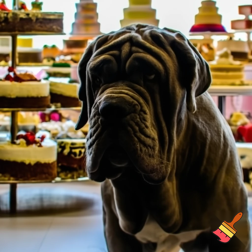 neapolitan mastiff dog going into room full of cake