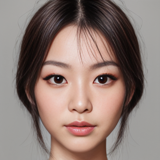 年轻东亚女性肖像，鹅蛋脸配柔和下颌线，小巧尖下巴带浅美人沟，饱满苹果肌，大而圆的杏眼，明显开扇型双眼皮，扇形浓密上睫毛8-10毫米，下睫毛稀疏，尖锐内眼角微钩，外眼角上扬5-10度，暖琥珀棕色瞳孔带明显高光，突出月牙形卧蚕，自然弧形平直眉，深棕黑色发色，鼻梁挺直微驼峰，水滴形鼻头软组织丰厚，鼻唇角90度，饱满嘴唇明显唇峰，上下唇比例2比3，自然粉色渐变唇色，嘴角自然或微下垂，零毛孔瓷肌，冷调一白肤色，太阳穴隐约可见血管，黑色长直发配空气感薄刘海，鬓角修饰下颌线，面部肌肉完全放松，失焦梦幻眼神，清纯疏离交织表情，45度角柔和摄影棚打光，浅景深，85毫米镜头人像摄影，超写实，8K画质，皮肤纹理细节
