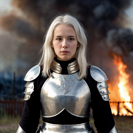 young white-haired woman in armor stands in front of a burning castle into which me