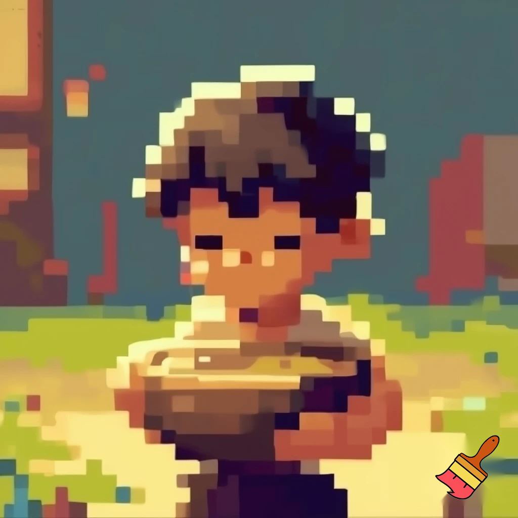 a boy hold a bowl pixel 2d