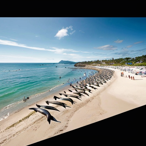 generate me an image of a beach full of happy Neil the seals with unlimited fish as food