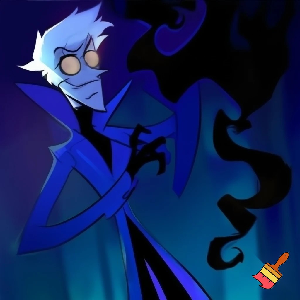 A tall, lean pale man with white hair, distinctive round brass glasses he has a stern look on his face. In cartoonish art style of hazbin hotel wearing his signature blue overcoat with black sinister smoke curling around him his hand reaching out, producing the black sinister smoke
With the physical proportions of Alistor from hazbin hotel
