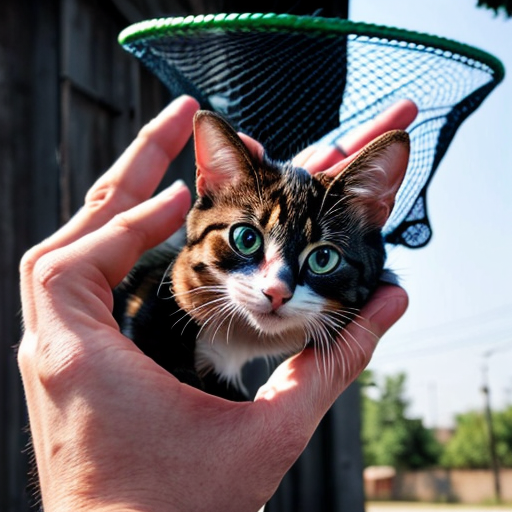 humain en train d'attraper des chats avec un filet
