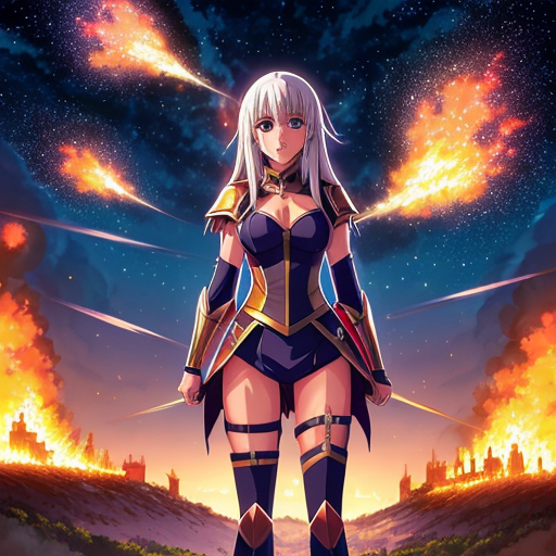 young, tall, white-haired woman in armor stands in front of a burning castle into which meteorites are falling.