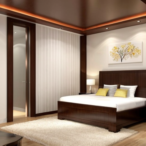 generate an interior picture of a commercial room , The second photo is the most suitable of the ones presented
commercial premises, with a 2.5-meter-long and 2.7-meter-high wall on the left, with 5 4-centimeter-wide pecan-colored boards on the left and right edges of the wall, and black wallpaper with gold-colored thin stripes in between. There is also a 60-centimeter-wide and 2-meter-high decorative panel with a floral pattern, and a 60-centimeter-wide and 2-meter-high mirror. the second wall begins with 50 cm of 4 cm wide pecked walnut-colored slats, followed by a 1.80 m long and 1.3 m high counter with a glass in the middle that is illuminated from the inside with yellow light, then 90 cm of slats that are pecked at regular intervals, and the wall ends with a door that matches the color of the counter. The third wall is covered with decorative plaster. Design this room in a modern and stylish manner.