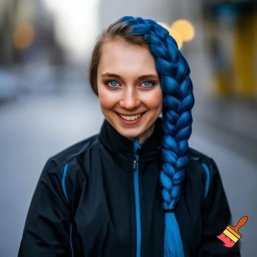 girl with blue braid and has a black jacket with blue eyes
with smile