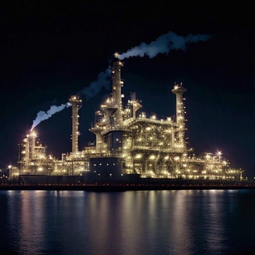 dark blue background with refinery on the right side blending into the dark blue background. The refinery should occupy only 25% of the total area.