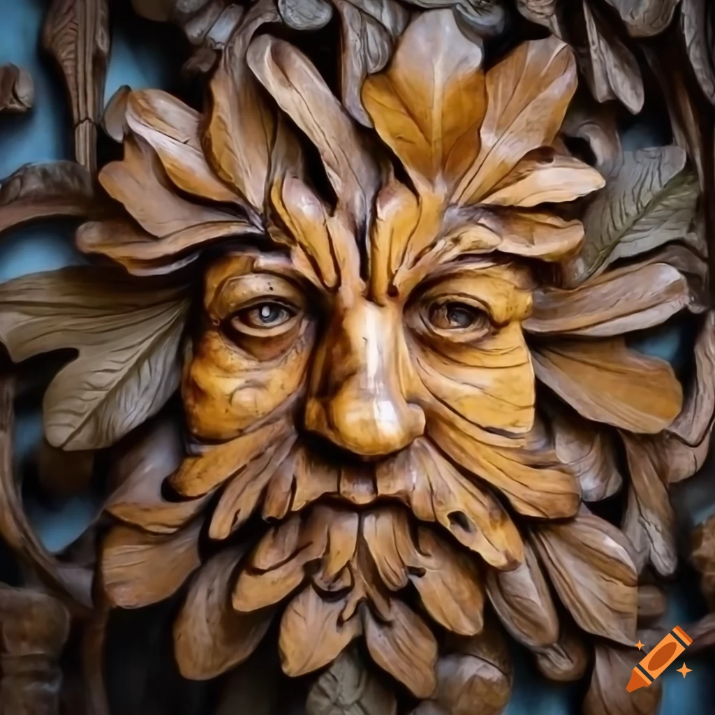 a green man, elaborately carved from oak, oak foliage, oak leaf border, detailed, exquisite, large, tilt shift