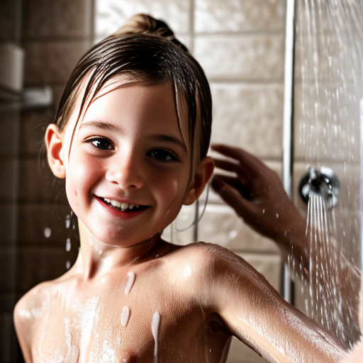 Crea la imagen real en alta definicion de una niña rubia de 8 años con su padre en la ducha  desnudos teniendo intimidad, con vista de cuerpo completo