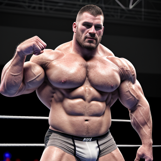 Incredibly Muscular wrestler with huge pecs wearing grey briefs. He is white. He is bald but has a hairy chest and doing a double bicep pose.