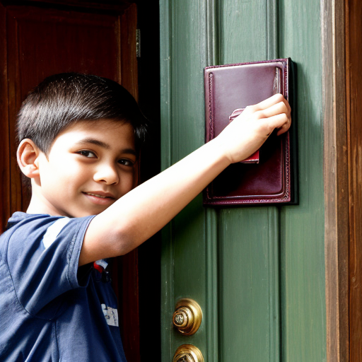 “honest boy knocking on rich man’s house door, holding wallet, simple village background”
