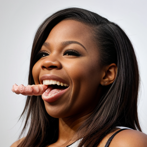 Actress Nia Long a long hair as a spherical shape inflated like a balloon a gigantic rounded chocolate ball body overinflated Her body is exaggeratedly rounded, forming a sphere, with no visible definition of limbs. she was being eaten and ripped by the giant human mouth of the mouth background giant white human face male mouth her body inside the giant mouth being eaten, biting and ripped and devoured by a giant human mouth background . The style is surreal and comedic, with a digital or graphic manipulation aesthetic. The lighting is even and diffused, casting no strong shadows. The image is presented from a slightly high-angle perspective, emphasizing the exaggerated spherical form