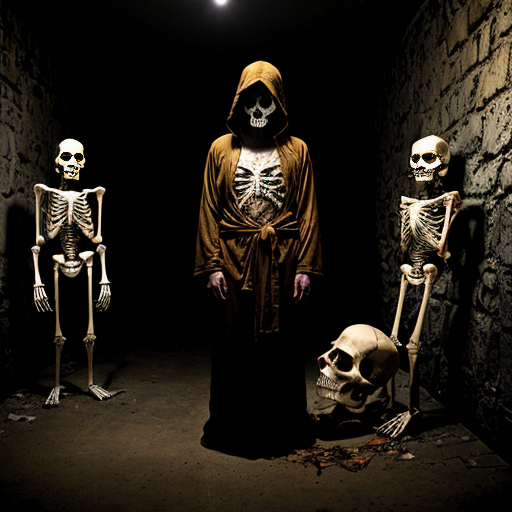 "Hyperrealistic dark horror photography, two central figures standing in a decrepit underground crypt or dungeon. Left figure: skeletal demon wearing a tattered dark charcoal suit with a pentagram tattoo on exposed chest cavity, ram/goat horns curling from a bleached skull head, decomposed hands hanging at sides. Right figure: skeletal undead entity draped in a flowing deep crimson/burgundy hooded robe soaked and dripping with dark glistening blood, exposed ribcage visible through the robe opening, golden saint's halo above the screaming skull face, mouth agape in a silent shriek. Flanked by two decaying upright skeletons on each side, partially covered in dried blood. Floor completely covered in scattered human skulls and bones. Background stone wall features inverted crosses carved or painted in aged gold/ochre. Dense atmospheric fog and smoke filling the space. Lighting: single dramatic underlighting with a cold blue-grey ambient fill, warm amber rim light catching the bones, high contrast chiaroscuro. Shot on film camera, grain texture, photorealistic, cinematic horror, 35mm lens, editorial dark art photography aesthetic."