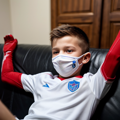 A photo of a five-year-old boy dressed in a full russian football uniform lying on a couch. A group of beautiful Israeli man soldiers put their feet in the boy's dirty boots on his shorts and face. The boy's face is covered with a white, transparent liquid