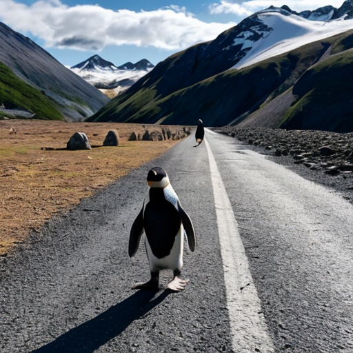 a ginger penguin walking to the mountains