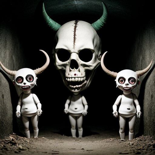 Photorealistic found-footage flash photography of three uncanny puppets in a dark concrete tunnel. Left: furry grinning demon with horns. Center: pale, blank-faced puppet in an oversized white military cap. Right: tall, grinning white puppet with hollow black eyes and a propeller beanie. Analog horror, heavy VHS grain, harsh camera flash, eerie green-blue tint, macabre, liminal space.