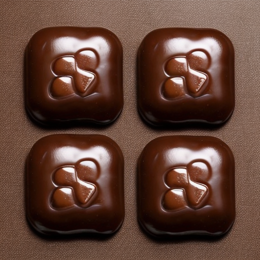 four square-shaped chocolate pieces off of a chocolate bar.