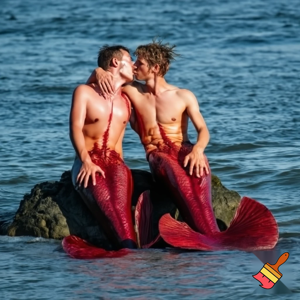 Outdoor photo of realistic shot of two caucasian mermen sitting together on a rock in the middle of the ocean, with one merman having his arm around the other. Their bodies are toned and muscular, with narrow waists and wide shoulders. They have short wet and messy hair. Their bodies are dripping wet. Their waists merge seamlessly into long, deep scarlet fish tails with large frilly fins. They are looking into each others eyes. They are kissing passionately.