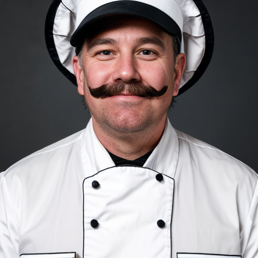 Na slici je portret muškarca u kuharskoj odori. Nosi visoku bijelu kuharsku kapu i bijelu uniformu, a oko vrata ima tamnu maramu. Ima gustu, sijedu bradu i brkove te blago nasmiješen, smiren izraz lica.

Slika je naslikana u impresionističkom stilu – potezi kista su vidljivi, a boje su mekane i svijetle, s prevladavajućim plavim i bijelim tonovima. Pozadina je jednostavna, svijetloplava, bez detalja, što dodatno ističe lik kuhara. Ukupan dojam je topao i živ, s naglaskom na karakter i izraz lica portretirane osobe.