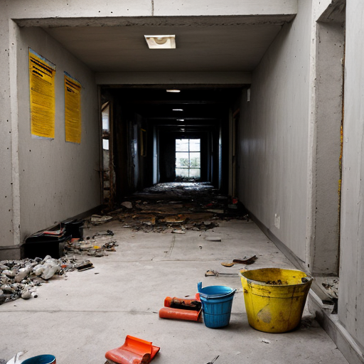 A chaotic construction site. A raw, dark-grey concrete subfloor, severely cracked and spalling. Piles of gray dust, scattered brick debris, an empty sack labeled "CEMENT," discarded paint buckets, and bare, unpainted walls.
