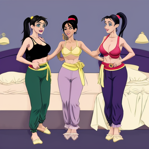 90's disney's 2d aladdin style comic black background and panels of Panel 1 then a fleet of the black haired ponytail women with blue skin,blue harem pants red bra and red sash and red curved slippers are marching around the bed. 
Panel 2 sitting on the bed is a curvy figure black haired ponytail woman with yellow skin,yellow harem pants purple bra and purple sash and purple curved slippers of who is shocked to see the marching black haired ponytail women with green skin,green harem pants pink bra and pink sash and pink curved slippers 
panel 3 then the black haired ponytail curvy figure woman with yellow skin,yellow harem pants purple bra and purple sash and purple curved slippers and hides under her covers. 
Panel 4 And before the bed and the black haired ponytail curvy figure woman with green skin,green harem pants pink bra and pink sash and pink curl toe slippers spiral off and disappear into the distance.  