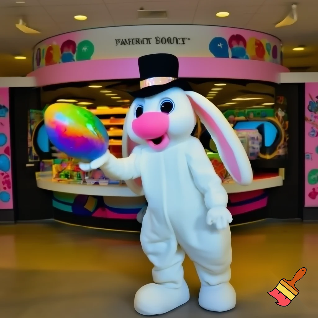 Easter bunny mascot top hat at the shopping centre mascot costume Darrell Lea magic room
