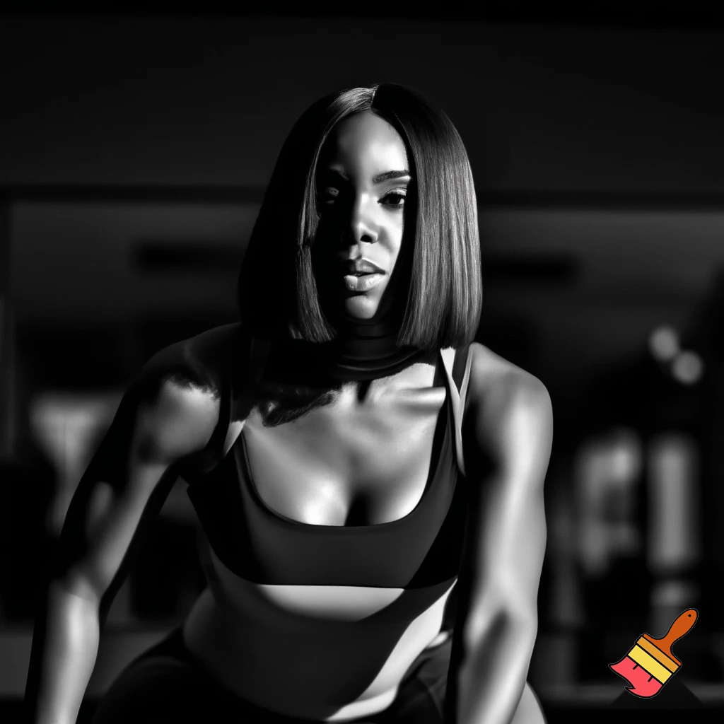 Black and white image of Kelly Rowland with a brown sleek middle part bob hair wearing A Grey and black camisole working out