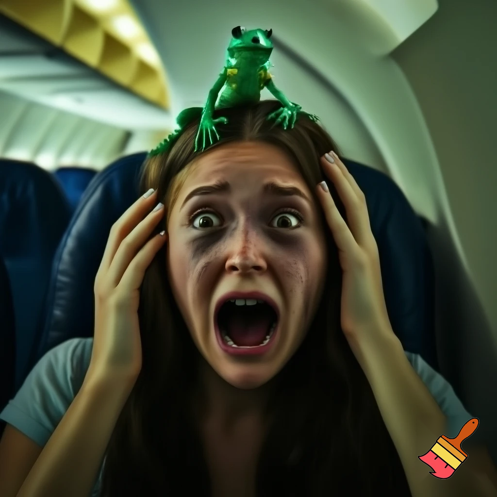 a inpoyle in  a plane is sacred of a frog on her head she scram