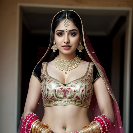 young woman, Bollywood retro style, wearing an elaborate traditional Indian dance costume. She has a highly embellished, fitted choli (blouse) that is cropped, revealing her midriff. The choli is a rich, warm golden-orange color, heavily adorned with intricate sequin work, beadwork, and embroidery, specifically featuring small, sparkling gold sequins creating a textured, shimmering effect across the entire surface. The sleeves are short, extending to just above the elbow, and are also fully embellished.
​She is wearing a matching, equally ornate lehenga (skirt), though only the top portion is visible. It has a visible gold border or waistband and appears to be made of a similar rich fabric with gold embellishments.
​Her head is covered with a dupatta/veil that is intricately draped and pinned, likely in a matching or complementary color, perhaps orange or red, with gold accents.
​She wears a distinctive and elaborate headpiece (maang tikka and matha patti) consisting of multiple strands of pearls or beads that frame her face and forehead, culminating in a central pendant. She has large, multi-layered gold necklaces and prominent earrings, typical of classical Indian jewelry. Her arms are adorned with gold bangles and possibly an armlet. The overall aesthetic is opulent, glittering, and designed for dynamic movement, reminiscent of classic Bollywood dance sequences from the 1980s
