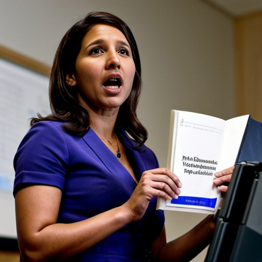 Create an image of tulsi Gabbard reading a "Guide to Russian Propaganda" book. In the background the FBI are raiding voting machines. Also some horrified looking Puerto Ricans watching them.