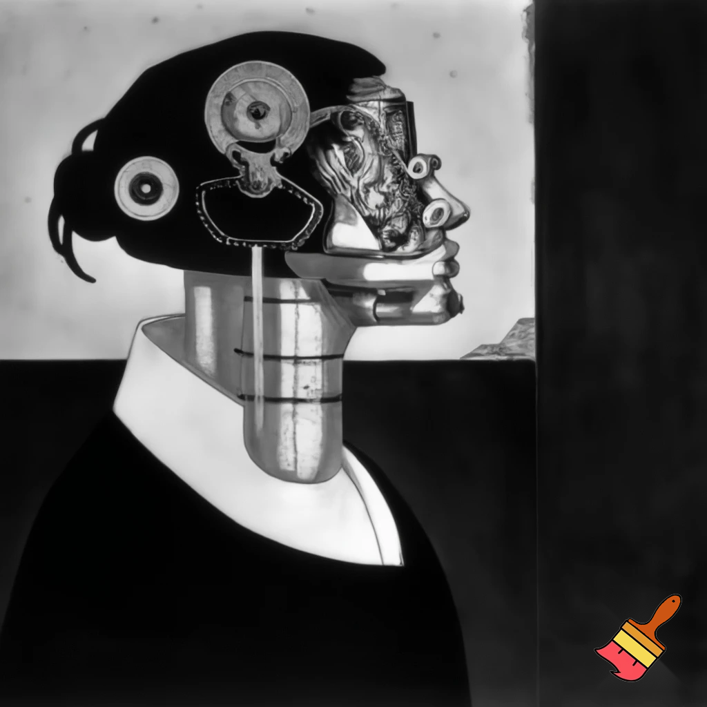 Bio-mechanical girl portrait, noise art. In the style of a 1920's German Expressionism. Black & white.