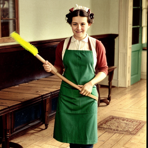 Una cameriera vestita di verde che spazza a terra, con un grembiule ed un foulard intorno ai capelli. Stile 1900