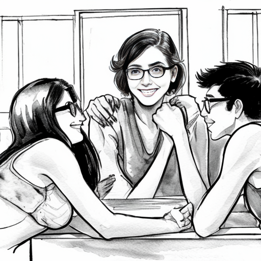 black and white manga style illustration, Indian Christian girl meeting 4–5 guy friends of her best friend for the first time, emotional and cute atmosphere, modern city setting, heroine looking at a tall boy with short straight hair and rectangle glasses, shy smile, expressive eyes, detailed ink line art, Japanese manga style, cinematic composition, manga panel layout, no color